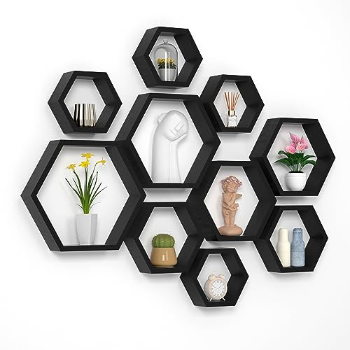 Sechseckige Wandregale Wabenförmige Regale 10er-Set Wandmontierte Holzregale im Landhausstil Wand-Aufbewahrungsregal für Badezimmer, Küche, Schlafzimmer, Wohnzimmer ,Flur, Büro, Dekor- Wanddekoration