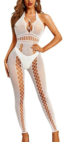 RSLOVE Lingerie Sexy per Donne, Bodystocking in Maglia a Rete, Bodysuit Babydoll, Intimo da Notte, bianco, Etichettalia unica