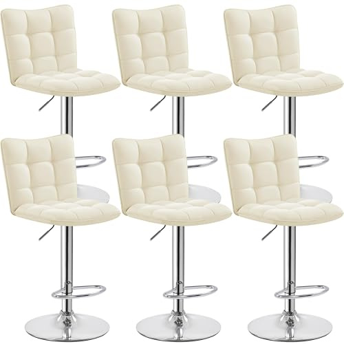 Yaheetech Barhocker 6er Set Thekenhocker 360° drehbar höhenverstellbar Barstühle mit Rückenlehne und Fußstütze PU-Kunstleder Sitzhöhe 62,5-83 cm, für Küche, Bar, Beige