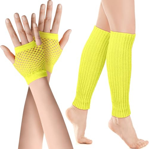 SATINIOR Elastische Neon Beinstulpen und Netzhandschuhe Set 80er Jahre Kostüm Zubehör (Fluoreszierendes Gelb)
