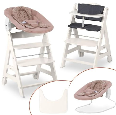 hauck Hochstuhl Beta+ Newborn Set - Babyhochstuhl Set ab Geburt mit 2in1 Neugeborenen Aufsatz Bouncer, Sitzpolster und Essbrett - Weiß | Bambi