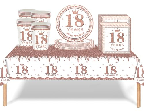 53Pcs Rose Gold 18th Birthday Party Tableware Decorations - Table Cloth, Plates, Napkins, Cups Sets for Girls' 18th Birthday Gifts & Dinnerware Supplies