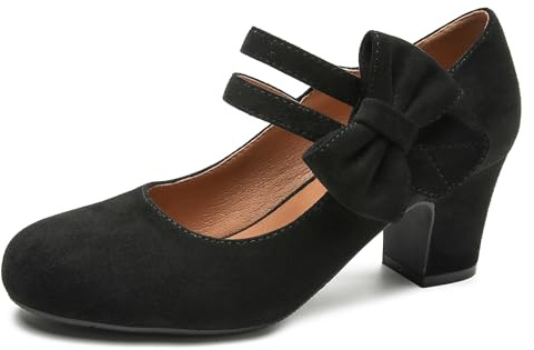 Enelauge Women's Mary Jane Heels Bow Retro Closed Round Toe Pumps Sweet Ankle Strap Block Heels Bowtie Vintage Dress Wedding Shoes Black Suede 38-7US