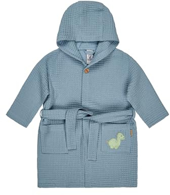 Sterntaler Bademantel Dino Rexi - Kinder Bademantel aus Waffelpikee - Kapuzenhandtuch mit Applikation auf der Tasche - Baby und Kinder Badehandtuch mit edlen Holzknöpfen, 116,blau