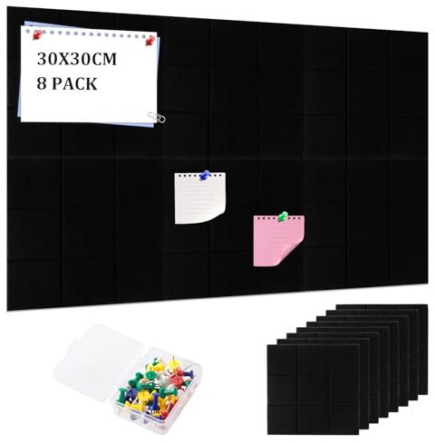 Pizarra de fieltro para notas de 30 x 30 cm, 8 unidades, grande, de fieltro, autoadhesiva, con agujas, para oficina, cocina, fotos, notas, color negro
