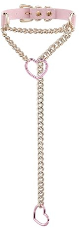 ADEMISHIA Handgefertigtes schwarzes Lederhalsband für Frauen, Punk Gothic Herz O-Ring Schlupfkette lange Halskette mit verstellbarer Schnalle (Rosa&Gold)