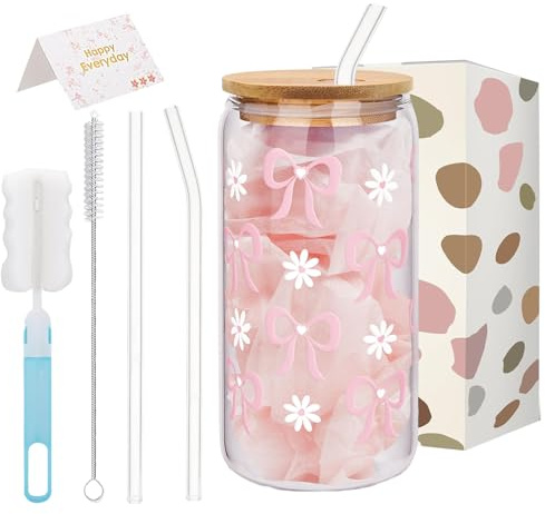 Onperpoe Coquette Aesthetic Glass Cups with Lids and Straws, Pink Bow Daisy Iced Coffee Glass Cup, 16oz Cute Glasses Tumbler Gifts for Women Girls Friends