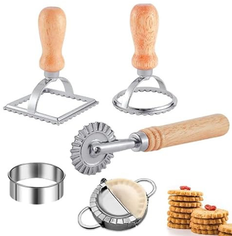 Ravioli Cutter Set, 5PCS Dumpling Maker Set, Ravioli Maker Stamp Cutter with Roller Wheel Set, Pasta Maker Mold with Wooden Handle, Fluted Edge Pasta Press for Home Kitchen DIY