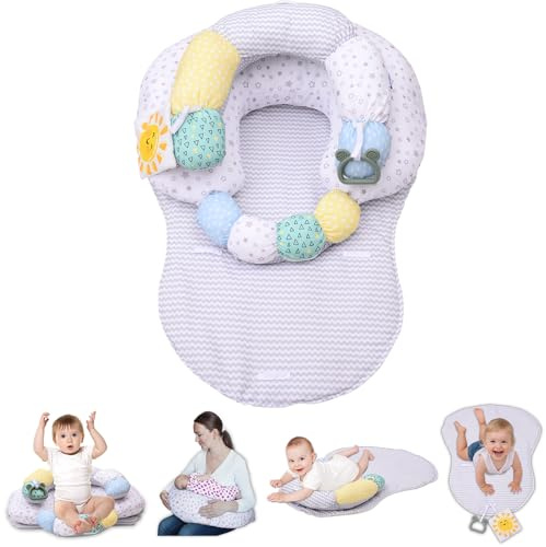 MIIMER 4-in-1 Tummy Time & Nursing Pillow with High, Firm, Large Area, Detachable Seated Support Cushion, Removable and Machine Washable Slipcovers, Baby Play Mat and Toys 0-24 Months