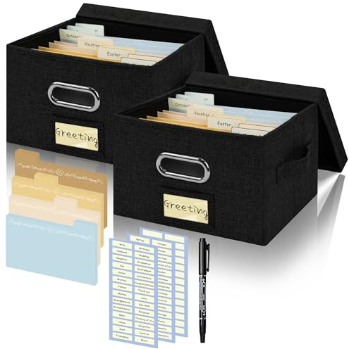 Greeting Card Organizer and Storage Box with 20 Pcs Adjustable Dividers, Storing Cards with 84 Pcs Labels Perfect for Storing Greeting Cards, Envelopes, Photos 2 Pack Black