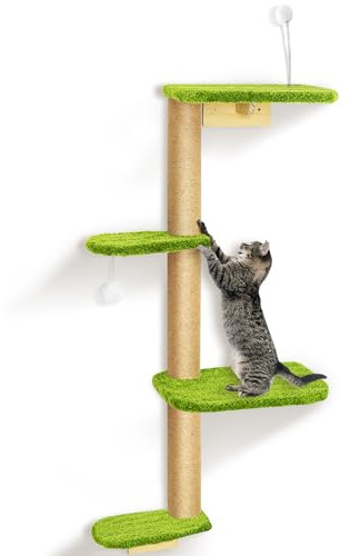 Tiragraffi a parete 125 cm, colonna tiragraffi a 4 piani in legno naturale con morbido tessuto di peluche verde, parete per gatti per arrampicata, graffi e giocare