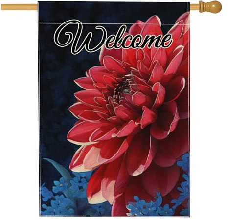 Drapeau de jardin à fleurs de bienvenue en automne, dahlia rouge, décoration extérieure, bannière saisonnière double face pour pelouse, fête, décoration d'intérieur, 71 x 101,6 cm