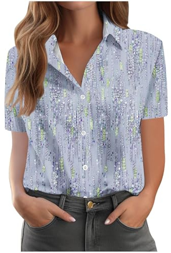 Shirts for Women UK Vintage Floral Print Shirts Causal Turn-Down Collar Short Sleeve Blouse Button Down T-Shirt Loose Fit Comforty Shirt Office Classic Blouses Ladies Tops S-5XL Light Blue