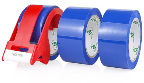 BOMEI PACK Ruban d’emballage 66m x 48mm pour emballage -3 rouleaux avec dévidoir,impression adhésif fort pour colis, entrepôt, e-commerce (Bleu)
