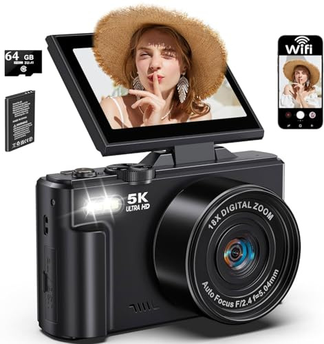 LONGYI Fotocamera digitale 5K 75MP fotocamera e vlogging con WiFi, scheda da 64 GB, zoom 18x, LCD da 3,0 180°, macchina fotografica compatta per viaggi, YouTube, principianti e adulti (nero)