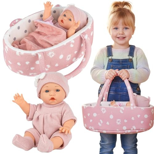 Kinderplay Bambola con barella e accessori – Bambola da 30 cm con coperta, cuscino e ciuccio – Bambole realistiche per bambini dai 3 anni in su, regalo per ragazze