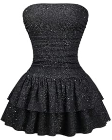 GORGLITTER Women's Glitter Tiered Ruffle Mini Tube Dresses Strapless A Line Flared Rave Night Out Dress Black Small