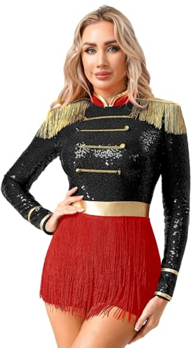JEATHA Disfraz Domadora Mujer Mono De Danza Gimnasia Con Flecos Body De Manga Larga Traje Brillante De Actuación Fiesta Cosplay Negro M