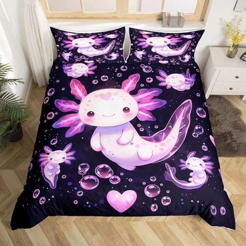Homemissing Mignon Kawaii Axolotl Housse de Couette 140x200cm Dessin animé SalaHommedre Ocean Sealife Parure de Lit Violette-Rose Ensemble de Literie pour Enfants Filles Décor de Chambre
