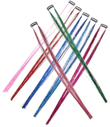 SEWACC 7 Stück Glitzernde Haarsträhnen aus PET Fasern Bunte Haarverlängerungen mit Lametta Mehrfarbiges Haarglitzer für Flechten Cosplay und Party