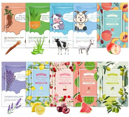 10 Pezzi Maschera viso, Maschera Viso Coreana Nutriente con Frutta ed Estratti Vegetali