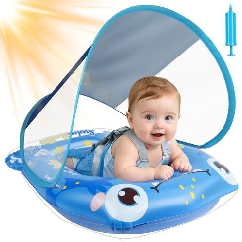 Cheffery Baby Schwimmring mit Abnehmbarem Sonnendach, Schwimmreifen Baby Schwimmhilfe für Rücken-, Bauchlage und Liegeposition, Schwimmtrainer Baby mit UPF50+, Kleinkind Float für ab 6-36 Monate