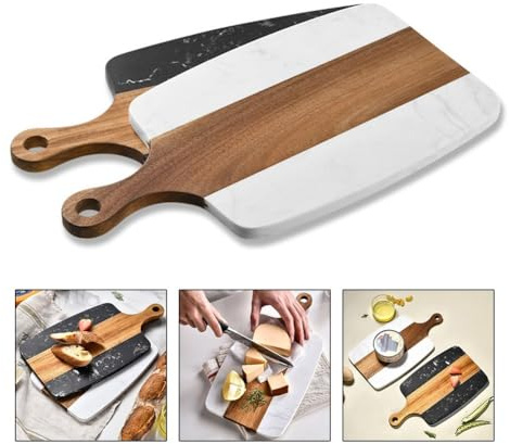 Tabla de cortar de madera de acacia y piedra artificial, doble cara, con mango, 18,5 x 34,9 cm, para frutas, verduras, queso y pan, fácil de limpiar, ideal para servir y cortar