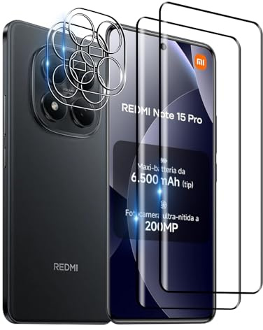 Wookfiss Vetro Temperato per Xiaomi Redmi Note 15 Pro 4G, 2 Pezzi 3D Pellicola Protettiva+ 2 Pezzi Pellicola Fotocamera, Anti Graffio, Senza Bolle, Durezza 9H, Ultra Trasparente, Ultra Resistente | Wookfiss Pellicola Protettiva(2) e Pellicola Fotocamera(2), Anti Graffio, Durezza 12H, Ultra Trasparente, Resistente