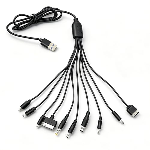 10-in-1 Universal USB Charging Cable, Multi-Charger Cord with Type-C, Micro USB, Mini USB & DC Tips – Compatible with Smartphones, Tablets, Cameras and More (1m, Tangle-Free)
