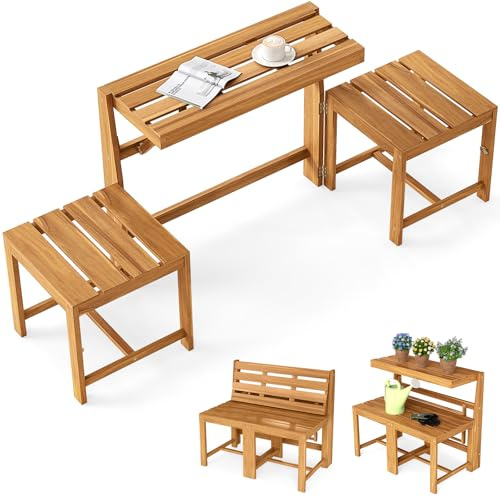 COSTWAY 2 in 1 Gartenbank, Gartentisch mit Sitzbank, 2-Sitzer Holzbank, Balkonset, Balkonmöbel Kleiner Balkon, Sitzgruppe, Sitzgarnitur für Garten, Terrasse