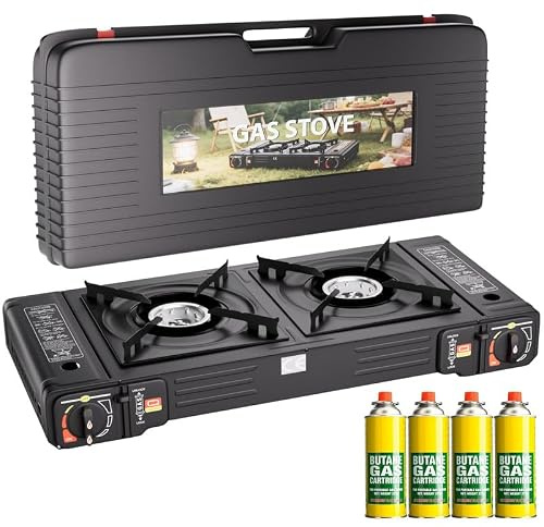 Portable Double Burner Camping Stove with Carry Case & 4 Butane Gas, Gas Cooker Stove Automatic Ignition System, Grill Plate Compact Cooker Butane Gas,BBQ Cooker & Outdoor Cooking