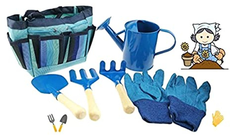 Apol Gardening Tool Set for Kids Children Includes Watering Can Gloves Shovel Rake Fork and Carry Bag Girls Boys Gift (Blue)