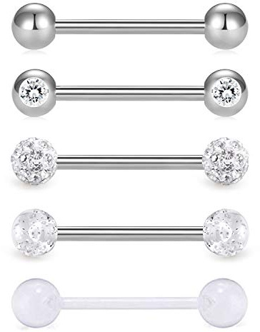 FECTAS 5pcs Tongue Bars Ring Set 14 Gauge 14mm Barbell Surgical Stainless Steel Metal Piercing Jewellery