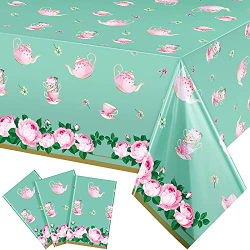 Tatuo 3 Pcs Tea Party Decoration Floral Tea Party Tablecloth 54 x 108 Inch Flower Teacups Plastic Table Cover for Let's Partea Summer Holiday Birthday Wedding Baby Shower Garden Table Supplies