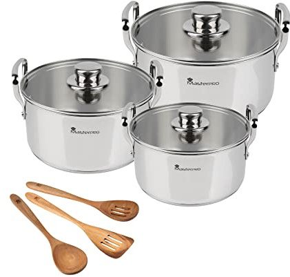 MasterPro Smart | Kit di Cucina | Batteria da 6 Pezzi e 3 Utensili | Pentole in Acciaio Inox | Set di Pentole di 11,7 L, 6,5 L e 3,1 L | Per Tutti i Piani Cottura