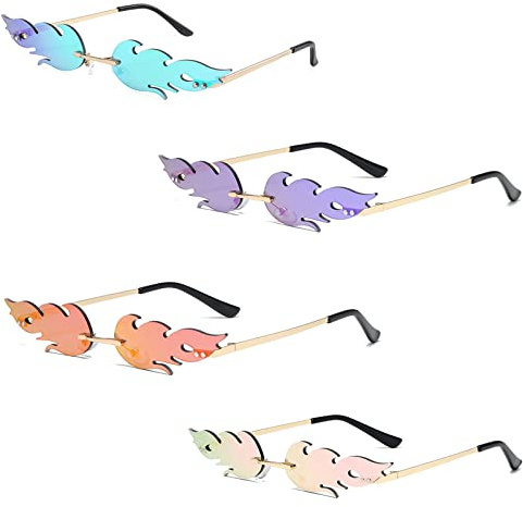 Manqyi 4 Stück Flame Fashion Sonnenbrillen, Flammenbrille Rahmenlose Sonnenbrillen, Creative Flamme Form Brillen Unisex, Randlos Welle Sonnenbrille Mode, Persönlichkeit für Party Strand Draussen