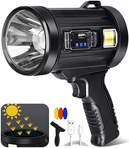 JSKNB Spotlight 1000000 Lumens, 6 Modes Led Rechargeable Spotlight Flashlight As Seen on TV with Tripod, 3 Color Filters, Super Bright Solar Spot Lights Outdoor Handheld for Hunting, Boating, Large