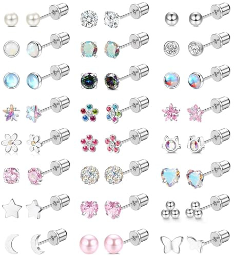 KALVICA 24Pares Pendientes Niña Hipoalergenicos Pendientes Mujer Pequeños Plata Cute Opalo Perla CZ Corazón Gato Flor Acero Quirurgico Pendientes Joyeria