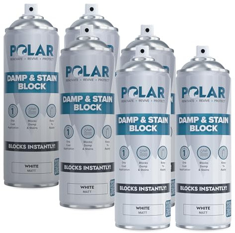 Polar Feuchtigkeits und Fleckenspray - Weiß Matt - 6 x 500ml - Einschichtlack zur Feuchtigkeitsabdichtung - Isoliert Flecken und Schimmel an Innenwänden und Decken
