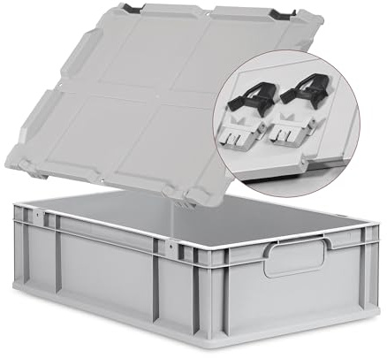 goodsforbusiness Eurobox NextGen Economy 60x40x17cm, Verschlüsse Schwarz | Kunststoffbox Logistikbox Lagerbox Campingbox grau, Griffe geschlossen mit Scharnierdeckel, 34 Liter, stapelbar