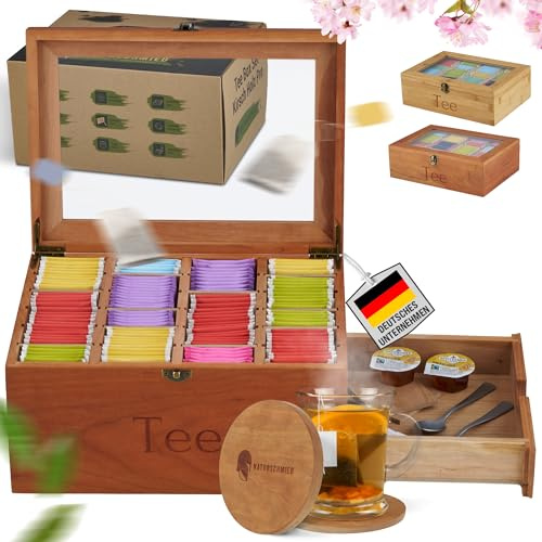 NATURSCHMIED Premium Teebox Set aus Kirsch Holz mit 20 flexiblen Fächern und Sichtfenster(22,5x31x15cm) - [Extra große Schublade + Einzigartige Kirschholz Untersetzer] - edle Teeaufbewahrung