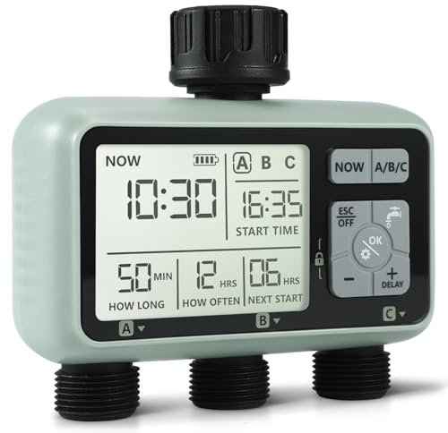 Kazeila Timer Irrigazione,3 Uscite Impianto Irrigazione Giardino,Centralina Irrigazione con Ritardo Pioggia,Modalità di Irrigazione Automatica e Manuale