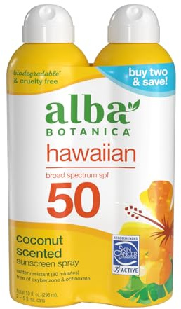 Alba Botanica Hawaiian Coconut Sunscreen, Spray Broad Spectrum SPF 50 Sunscreen, Water Resistant and Biodegradable 5 fl oz Bottle (Pack of 2)