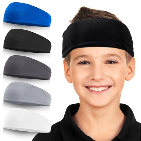 Sportpannband för barn, 5-pack fukttransporterande svettband för fotboll baseboll löpning för pojkar och flickor 5-15 år