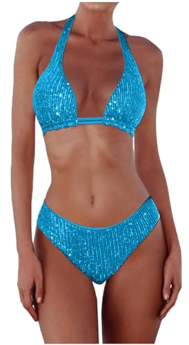 Costume Bikini Triangolo Multicolor con Paillettes Costume da Bagno Bikini A Triangolo Multicolore con Paillettes da Donna Bikini Donna Mare Fascia Brasiliano Sexy (Blue, S)