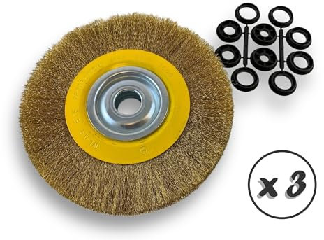 Lot de 3 brosses circulaires LAITON | Ø 250 mm | Epaisseur 2 rangs | Fil dur 0.30 mm ondulé | Alésage 32 mm + réducteur bague 25/22/20/16/12 mm | Touret affûteuse ponceuse | Kibros 231252LTx3
