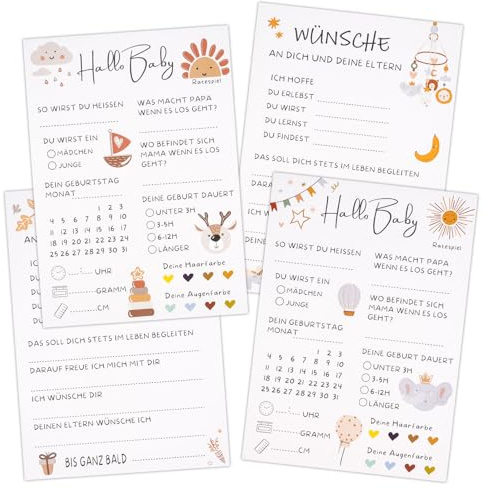 Deepton Babyparty Spiele Karten, 20 Babyparty Karten zum Ausfüllen(2 Stile) | Babyshowerparty Spiele für Junge und Mädchen, Babyparty Ratespiel Karten für Gender Reveal, Beidseitig Bedruckt Deutsch
