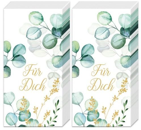 20 einzelne Taschentücher Blumen Eukalyptus Für Dich. 2 Packungen mit 10 einzelnen Papiertaschentücher bedruckt als Geschenk.