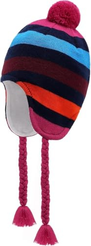 JANGANNSA Vinter Peruvian hatt öronlappar fleece fodrad pompon stickad mössa för 3-10T baby flickor, Flerfärgade ränder, 6-10 år