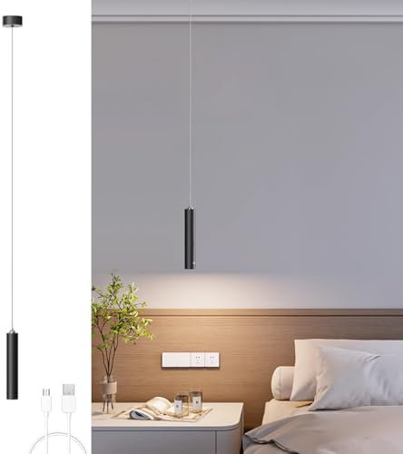 ACMHNC Battery Pendant Light, USB Rechargeable Hanging Ceiling Lights with Remote,Touch Dimmable, Modern LED Wireless Pendant Ceiling Light for Bedside Bedroom Sofa Corner, No Wire, Black, 5W